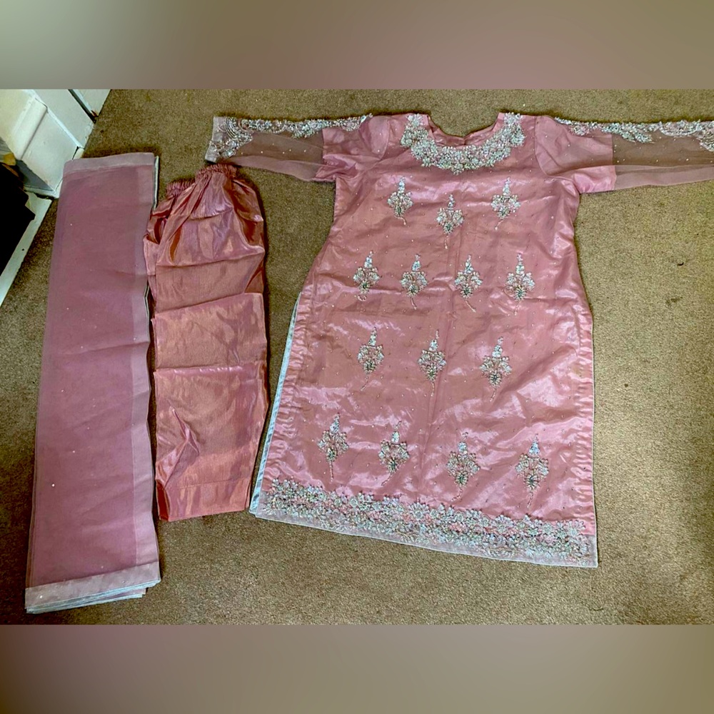 Pakistani handmade dress with kora dabka and jewelery work n
